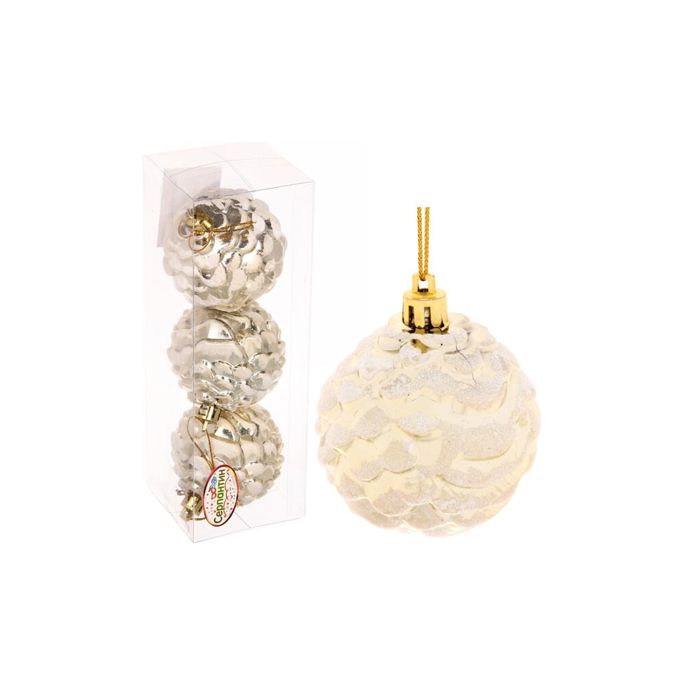 Изображение товара Ёлочные игрушки Серпантин "Шишки нарядные" 6 см (набор 3 шт.), золото/белый 916-705