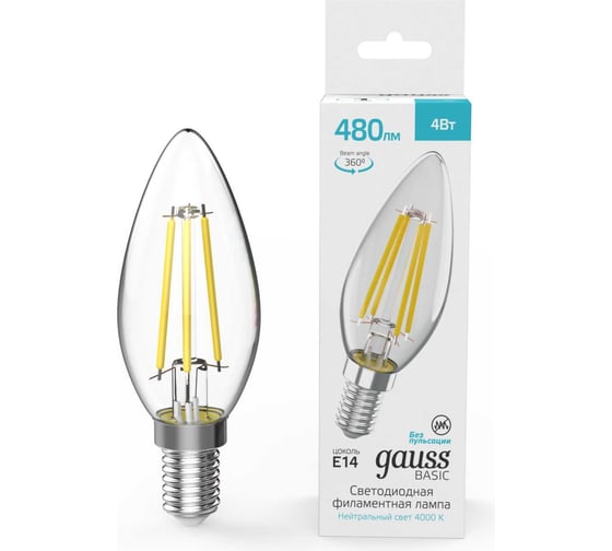 Изображение товара Лампа Gauss Basic Filament Свеча 4W 480lm 4000K E14 LED 50312242