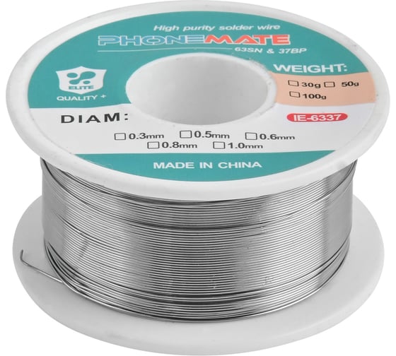 Изображение товара Припой-катушка ПОС 63 0.6 мм, 30 г, с флюсом Phonemate М7762601