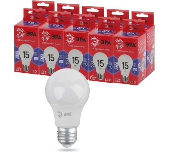 Изображение товара Набор лампочек ЭРА RED LINE LED A6015W865E27 R светодиодные (EC) E27, 15 Вт, груша, холодный белый, 10 штук Б0056563