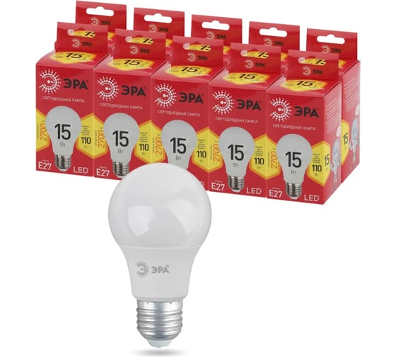 Изображение товара Набор лампочек ЭРА RED LINE LED A6015W827E27 R светодиодные (EC) E27, 15 Вт, груша, теплый белый, 10 штук Б0056565