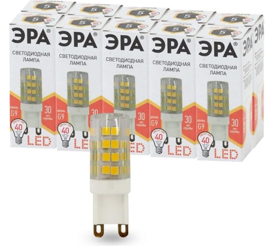 Изображение товара Набор лампочек ЭРА STD LED JCD5WCER827G9 светодиодные (EC) G9, 5 Вт, керамика, капсула, теплый белый, 10 штук Б0056475