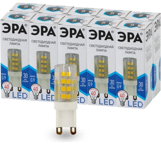 Изображение товара Набор лампочек ЭРА STD LED JCD5WCER840G9 светодиодные (EC) G9, 6 Вт, керамика, капсула, нейтральный белый, 10 штук Б0056476