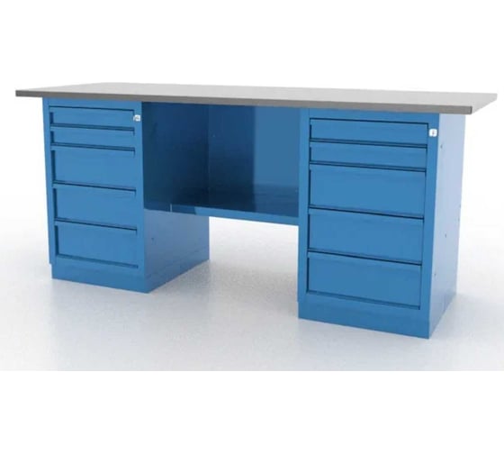 Изображение товара Металлический верстак FERRUM 2 тумбы с 5 ящиками, оцинкованный стол, синий, 01.255L-5015