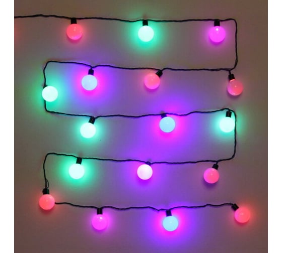 Изображение товара Гирлянда для дома Серпантин 3м, 20 ламп, LED, с насадками ШАР d-3,5 см, черный провод, авторежим, IP-20, RG/RB 183-629