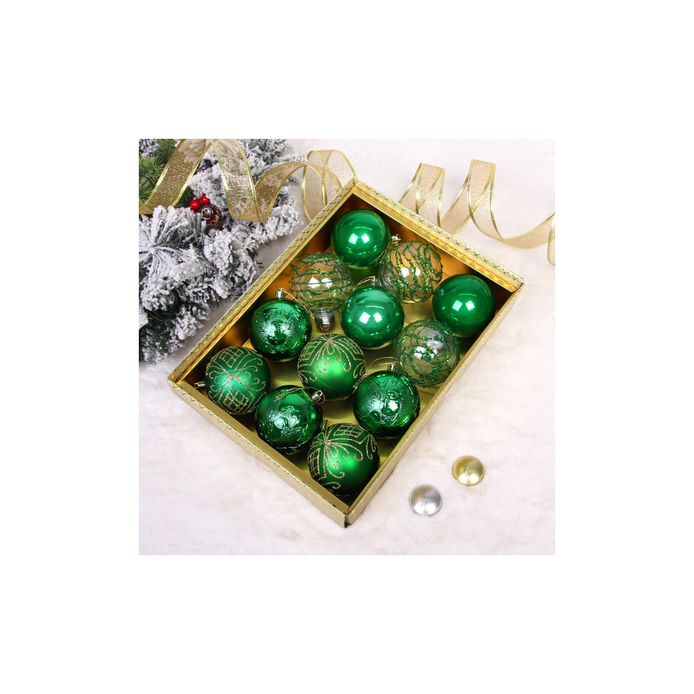 Изображение товара Набор новогодних шаров Серпантин Волшебство ночи, 12 шт., 8 см, зеленые