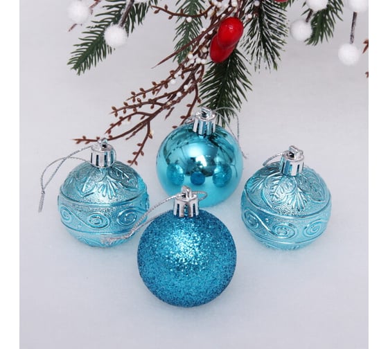 Изображение товара Новогодние шары Серпантин 5 см, набор 4 шт., "Микс фактур", голубой 201-1288