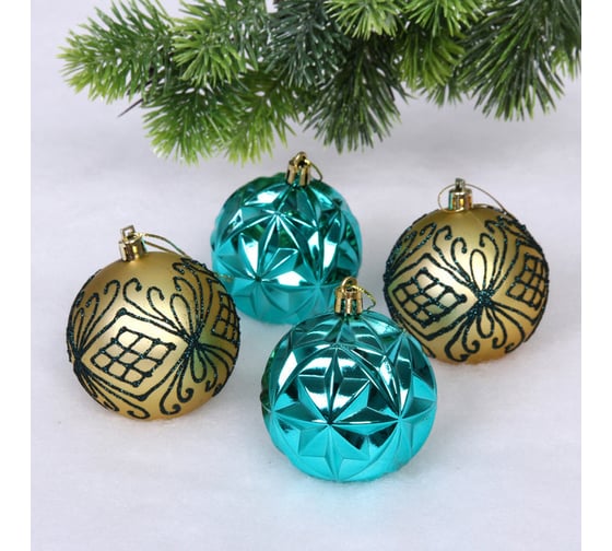 Изображение товара Новогодние шары Серпантин 7 см, набор 4 шт., "Симфония леса", лазурно-голубой/золото 201-3704