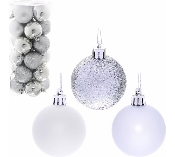Изображение товара Новогодние шары Серпантин 5 см, набор 24 шт., "Микс фактур", серебро 201-0637