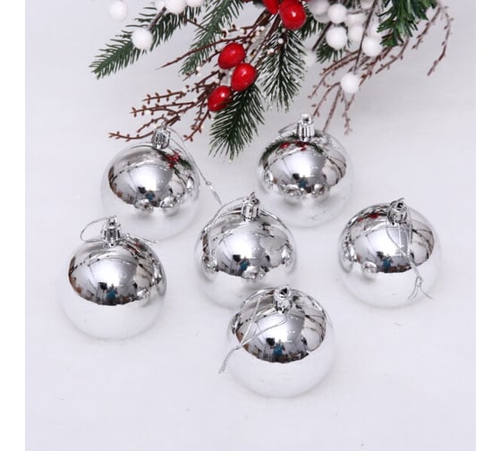 Изображение товара Новогодние шары Серпантин 6 см, набор 6 шт., "Глянец", Серебро, пакет 201-1708