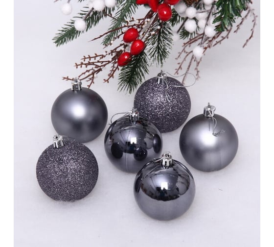 Изображение товара Новогодние шары Серпантин 6 см, набор 6 шт., "Микс фактур", Графит, пакет 201-1727