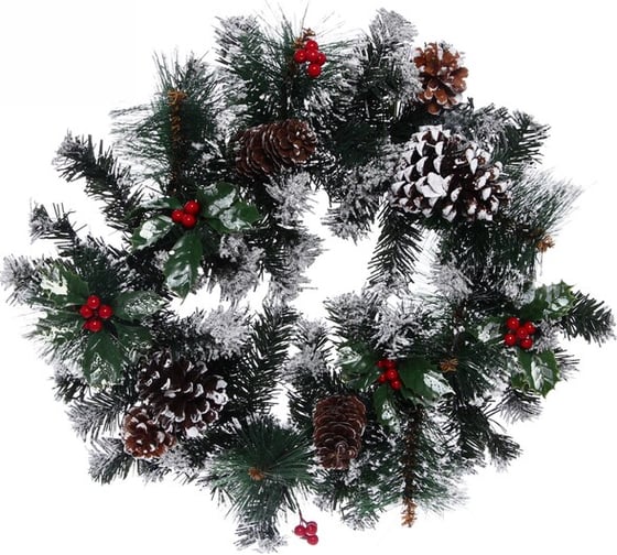 Изображение товара Венок новогодний Серпантин ПВХ, леска, с шишками, ягодами, напыление, d-40см 200-182