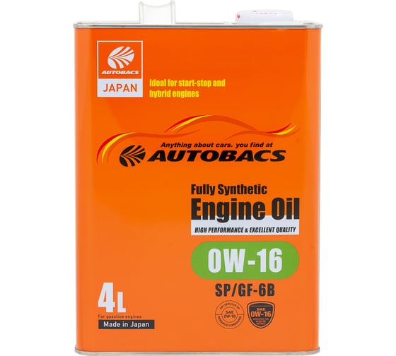 Изображение товара Масло моторное AUTOBACS 0W-16 ENGINE OIL API SP ILSAC GF-6B FULLY SYNTHETIC 4л A00032226