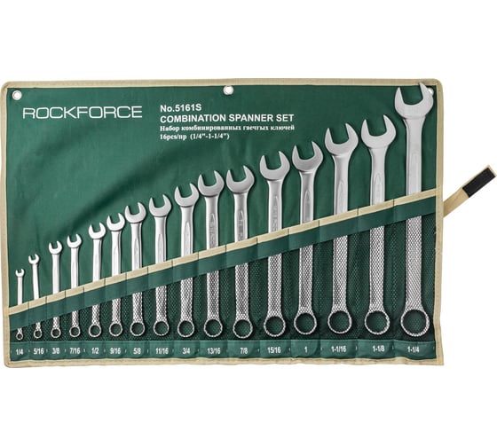 Изображение товара Набор комбинированных ключей Rockforce дюймовых 16 предметов на полотне RF-5161S(47125)