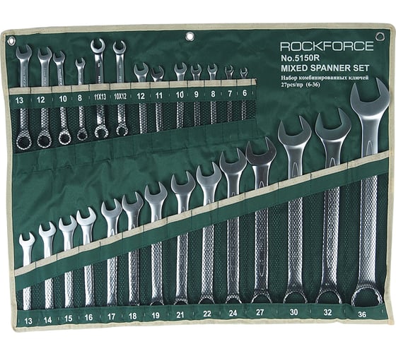 Изображение товара Набор ключей Rockforce комб. универсальный 27 пр., разрезные 2пр трещоточные 4пр на полотне RF-5150R(47124)