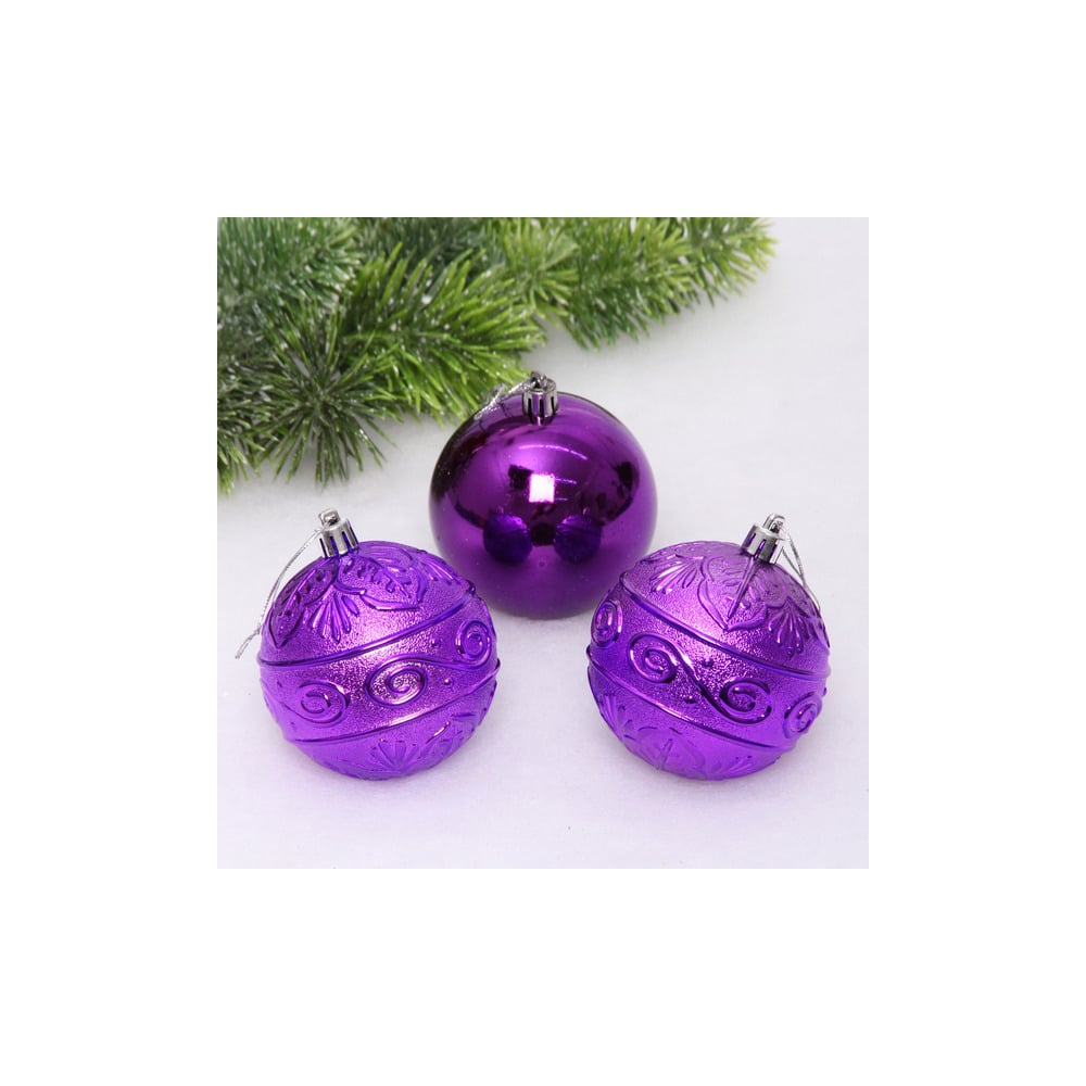 Изображение товара Новогодние шары Серпантин 8 см, 3 шт., микс фактур, фиолетовые