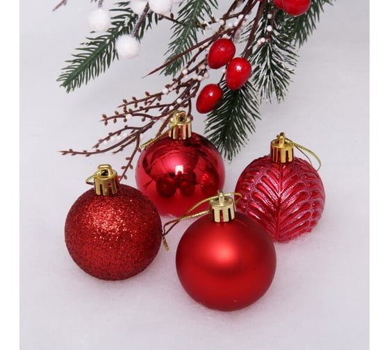 Изображение товара Новогодние шары Серпантин 5 см, 4 шт., Микс фактур, красный 183-856