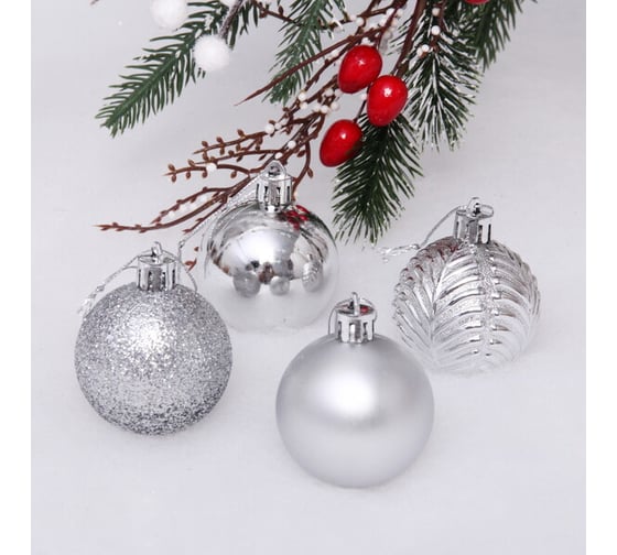 Изображение товара Новогодние шары Серпантин 5 см, 4 шт., Микс фактур, серебро 183-858