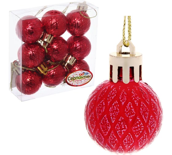 Изображение товара Новогодние шары Серпантин 3 см, 9 шт., Рельефный узор, красный 183-827