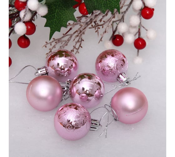 Изображение товара Новогодние шары Серпантин 4 см, 6 шт., Микс фактур, розовый 652-332