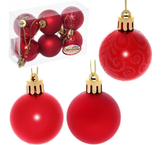 Изображение товара Новогодние шары Серпантин 4 см, 6 шт., Микс фактур, красный 183-842
