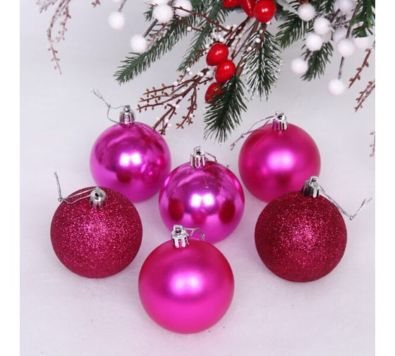Изображение товара Новогодние шары Серпантин 6 см, 6 шт., Микс фактур, Розовый (пакет) 201-1733