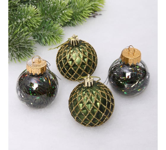 Изображение товара Новогодние шары Серпантин 6 см, 4 шт., Яркая метель, изумруд/золото 201-3726
