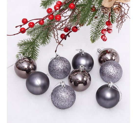 Изображение товара Новогодние шары Серпантин 6 см, 24 шт., Микс фактур, графит 201-1388