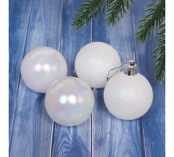 Изображение товара Новогодние шары Серпантин 5 см, 4 шт., Микс фактур, Белый/перламутр 201-1037