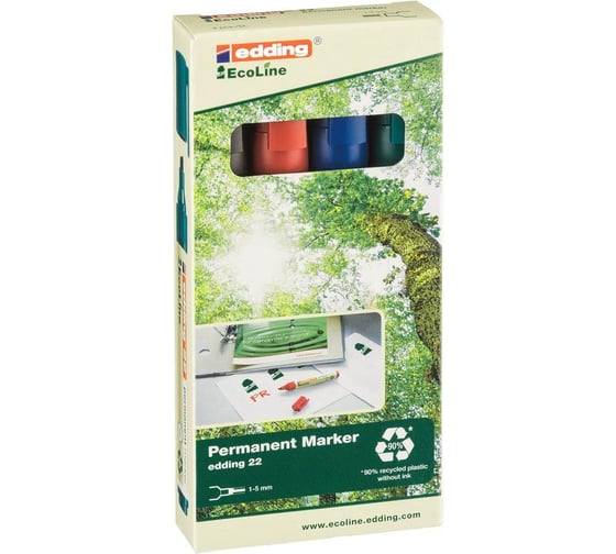 Изображение товара Набор перманентных маркеров Edding ECO E-22/4S 4 шт, 1-5 мм, скошенный наконечник 1153886
