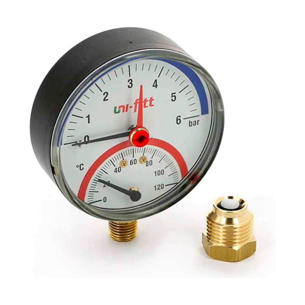 Изображение товара Термоманометр радиальный Uni-Fitt 10 бар 120°C диаметр 80 мм 1/2" Н 311D3442