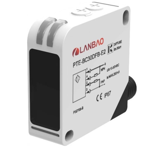 Изображение товара Оптический датчик диффузный Lanbao PTE-BC200DFB-E2, Sn=2000 мм, PNP / NPN NO/NC (Програм)10...30DC, разъем М12, 07-00039520