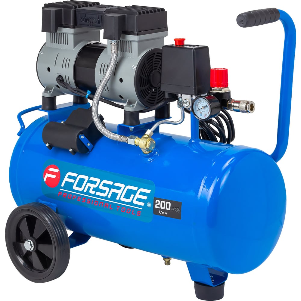 Изображение товара Компрессор поршневой Forsage с прямым приводом 2 цилиндра безмасляный 24л 1.1 кВт 8 бар 200л/мин 22