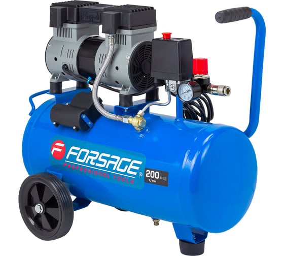 Изображение товара Компрессор поршневой Forsage с прямым приводом, 2 цилиндра,безмасляный (ресивер 24л, 1.1 кВт, 8 бар, 200л/м, 230В) F-BM20/24 UPH(59227)