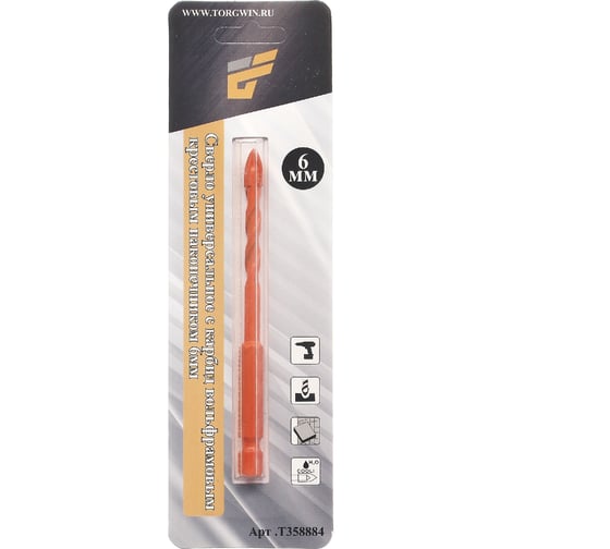 Изображение товара Сверло по бетону 4-грани, 6 мм, Победит наконечник, хвостовик шестигранник 1/4"HEX - E TORGWIN T358884