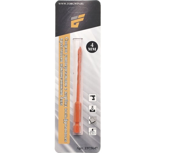 Изображение товара Сверло по бетону 4-грани, 4 мм, Победит наконечник, хвостовик шестигранник 1/4"HEX - E TORGWIN T975047