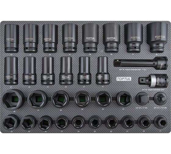 Изображение товара Набор ударных головок 3/4''DR, 17-46 мм, короткие и длинные, 34 предмета в мягком ложементе TOPTUL GED3426