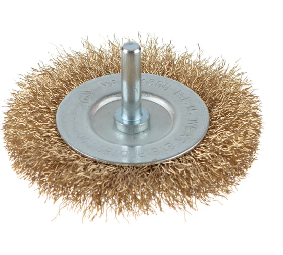 Изображение товара Щетка крацовка для дрели со шпилькой, дисковая, витая, латунированная, 75 мм GREPP 215-075
