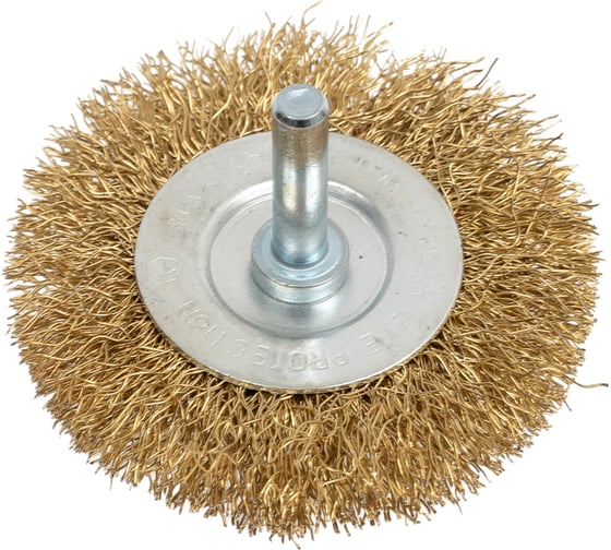 Изображение товара Щетка крацовка для дрели со шпилькой, дисковая, витая, латунированная, 65 мм GREPP 215-065