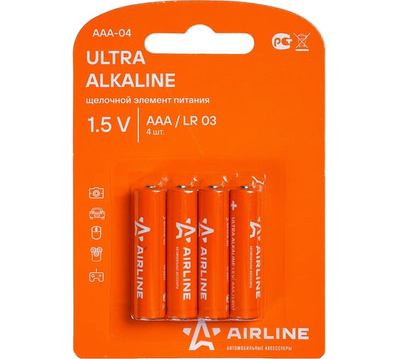 Изображение товара Батарейки Airline LR03/AAA щелочные, 4 штуки, блистер AAA-04