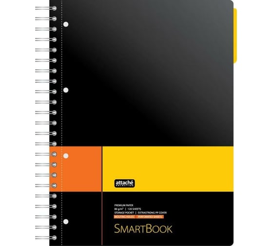Изображение товара Бизнес-тетрадь Attache Selection SMARTBOOK А4, 120 листов, клетка, спираль, микроперфорация, разделители, карман, желто-оранжевая 272651