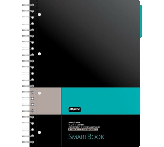 Изображение товара Бизнес-тетрадь Attache Selection SMARTBOOK А4, 120 листов, клетка, спираль, микроперфорация, разделители, карман, серо-бирюзовая 272652