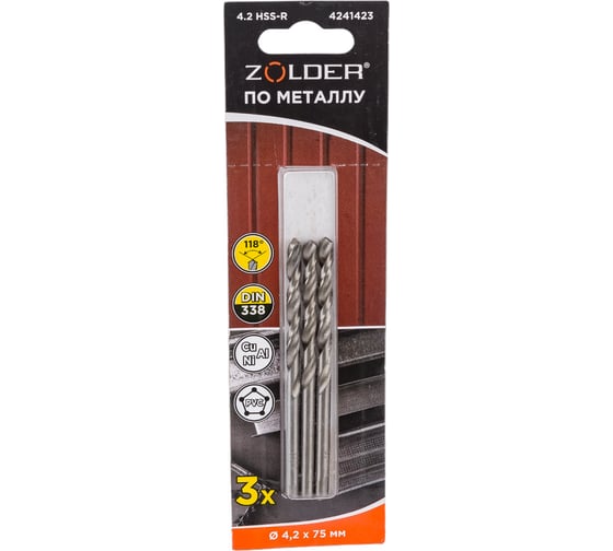 Изображение товара Сверло по металлу HSS-R (3 шт; 4.2х75 мм; цилиндрический хвостовик) ZOLDER 4241423