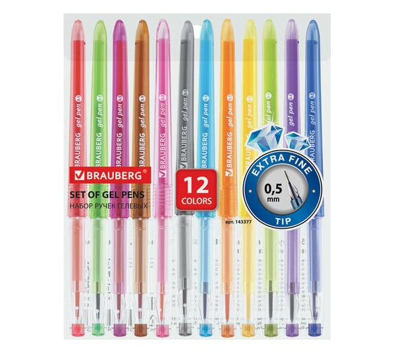 Изображение товара Гелевые ручки BRAUBERG DIAMOND НАБОР 12 штук, узел 0,5 мм, линия письма 0,25 мм 143377