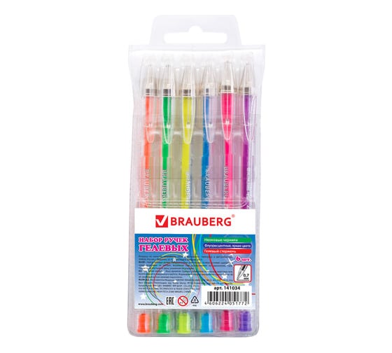 Изображение товара Гелевые ручки BRAUBERG Jet НАБОР 6 шт., АССОРТИ, неоновые чернила, узел 0,7 мм, линия письма 0,5 мм, 141034