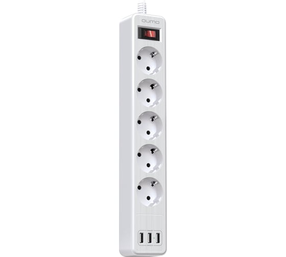 Изображение товара Сетевой фильтр QUMO Power Bar 5SP4U P-0005, 5 розеток, 2500 Вт, 10A, кабель 2м 3*1 мм чистая медь, пожаробезопасный пластик, евровилка, 3 USB порта 3,1A суммарно белый 48579