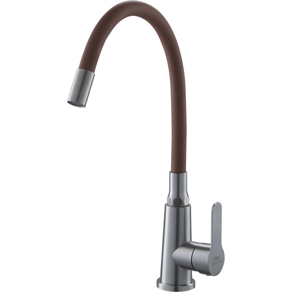 Изображение товара Смеситель для кухни FASHUN H=345 мм сатин/коричневый, сталь SUS304 картридж D=35 мм, силиконовый гибкий излив H=190 мм, гибкая подводка: 450 мм в комплекте крепёж: гайка A54301-16