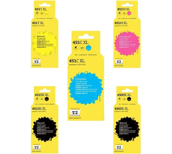 Изображение товара Комплект картриджей T2 (PGI-450BK XL/CLI-451 XL) для Canon: PGI-450BK XL/CLI-451 XL, пигментный черный, черный, голубой, пурпурный, желтый IC-CCLI-451XL_MP