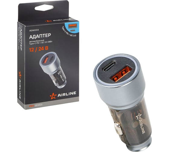 Изображение товара Автомобильный адаптер Airline Type-C PD + QC 3.0 38Вт, 12/24В PRO AEAK003