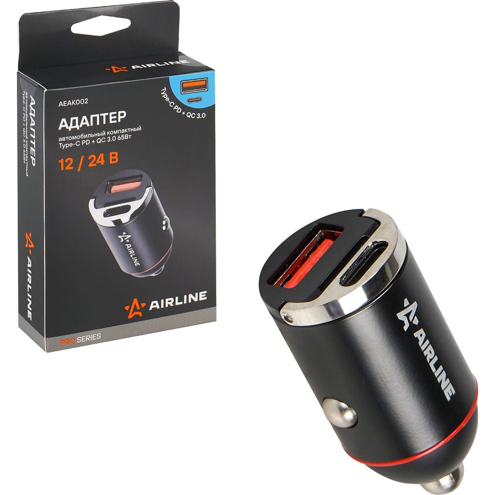 Изображение товара Автомобильный адаптер Airline Type-C PD + QC 3.0 65Вт, 12/24В PRO AEAK002